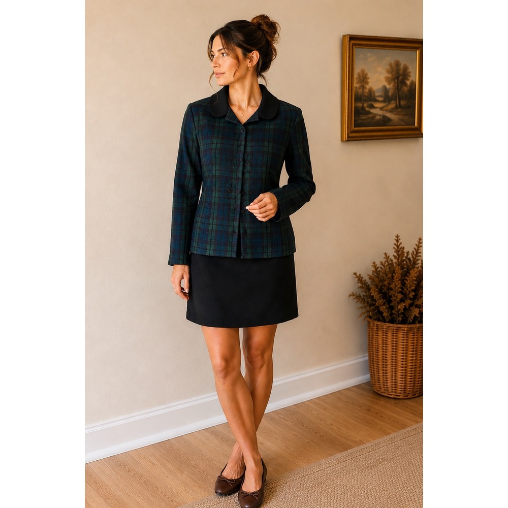 Vintage Plaid Jacket and Sheath Dress Two Piece Suit Set Navy Green 8P
